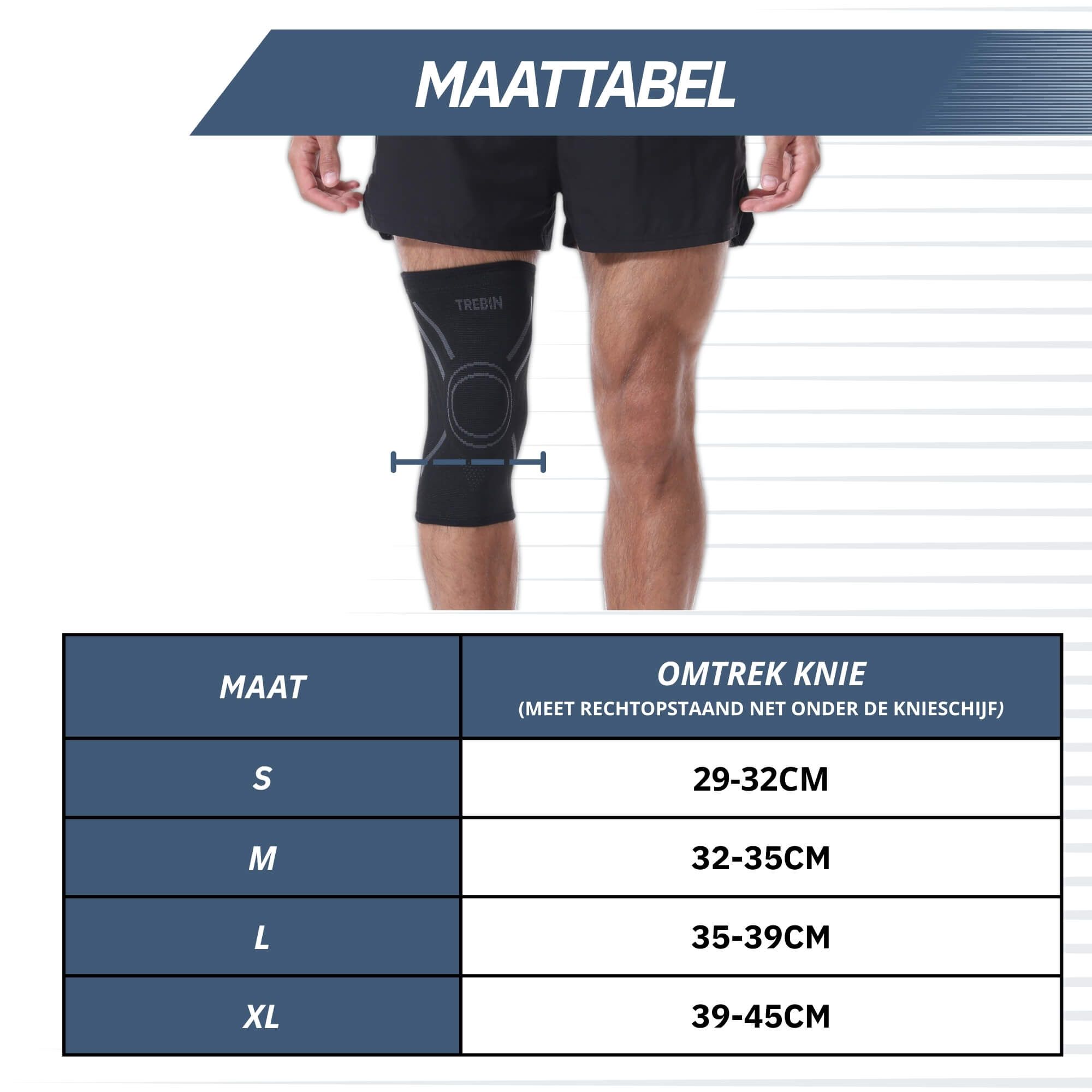 Maattabel voor een kniebrace met afmetingen voor de knieomtrek.