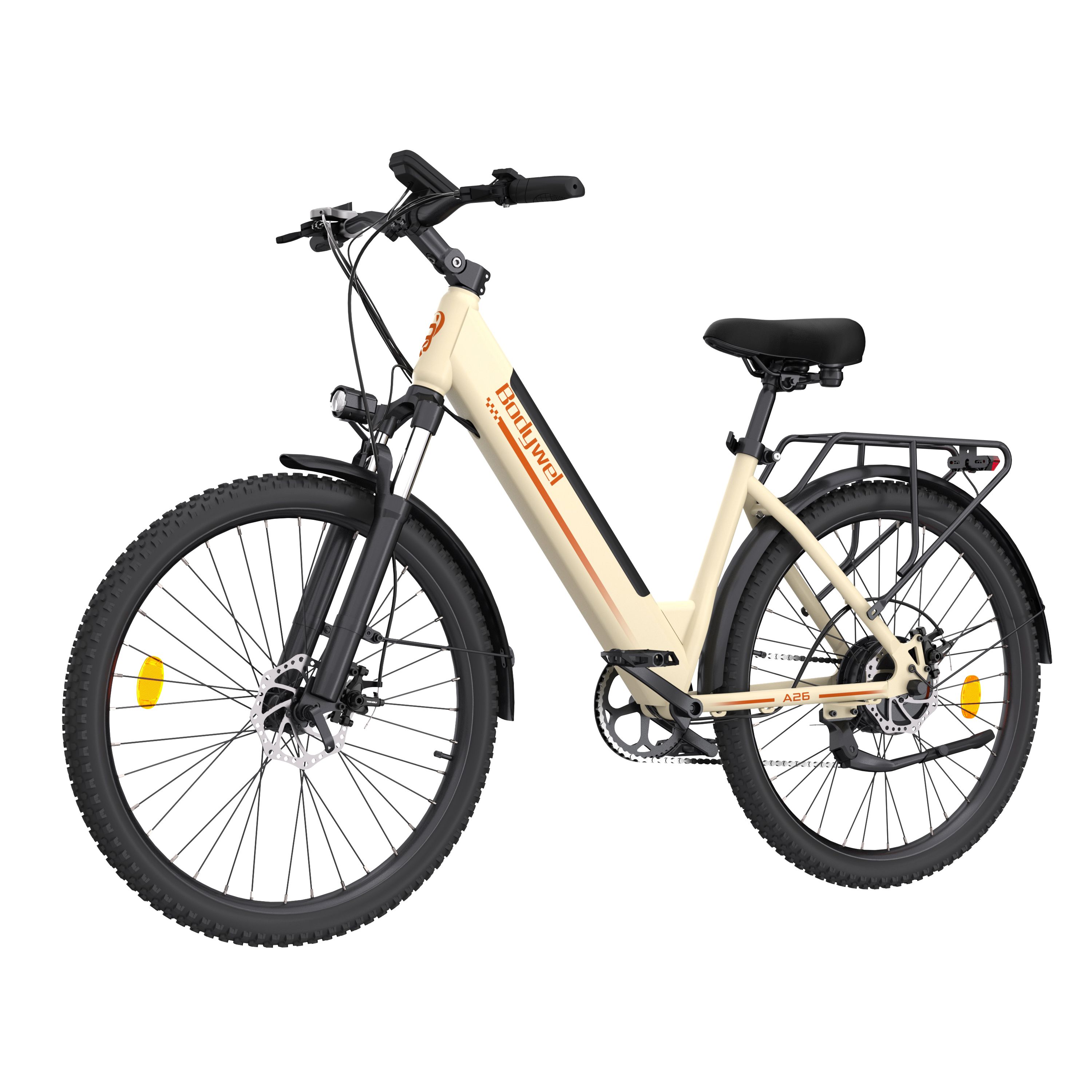 Vélo électrique beige et noir. Porte-bagages arrière. Marque Bodywel visible.