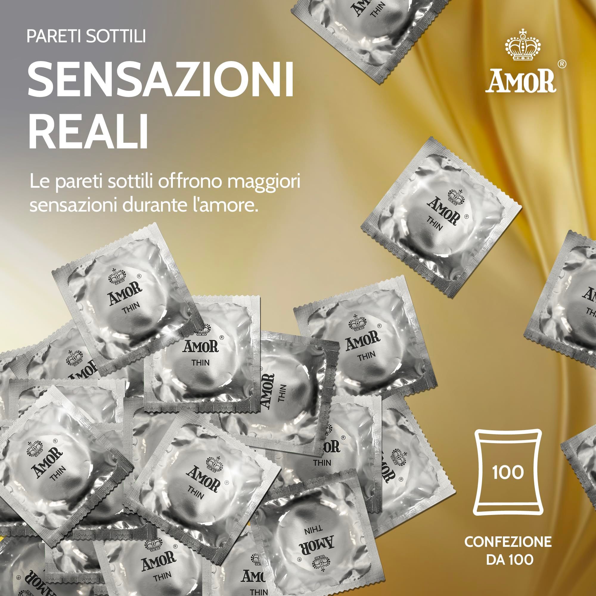 Préservatifs Amor Thin, paquet de 100, parois fines pour sensations réelles.