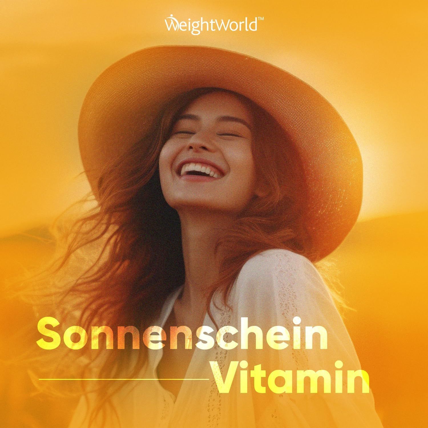 Vrouw met hoed op zonnige achtergrond. Tekst: Zonneschijn Vitamine.