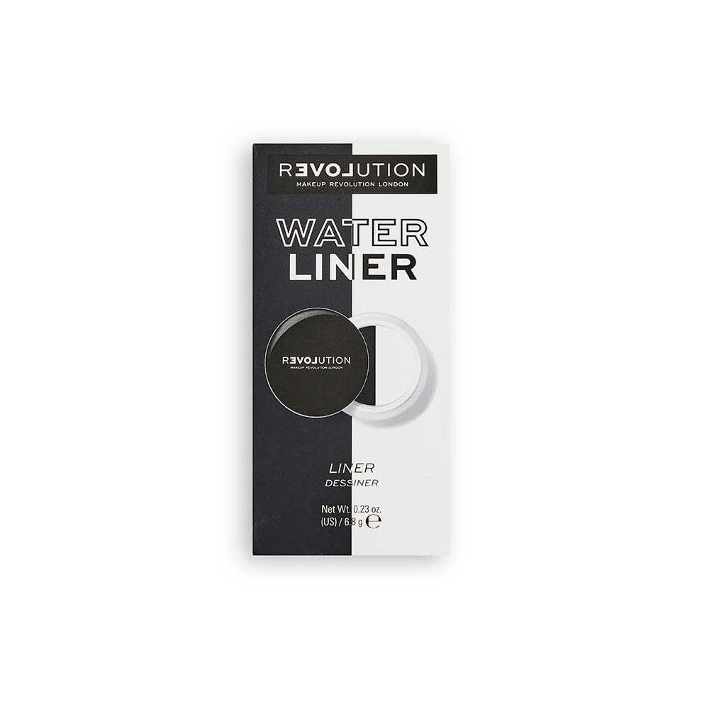 Verpakking voor Water Liner. Zwart-wit ontwerp met productafbeelding. Tekst: Water Liner, Liner Designer.