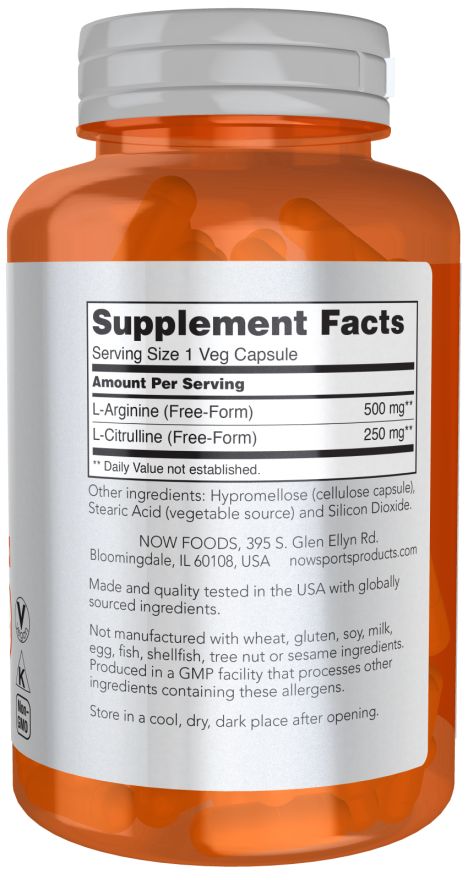 Achterkant fles. Opschrift: Supplement Facts. Bevat L-Arginine (500 mg) en L-Citrulline (250 mg). Ingrediënten, fabrikantinfo en GMP-zegel.