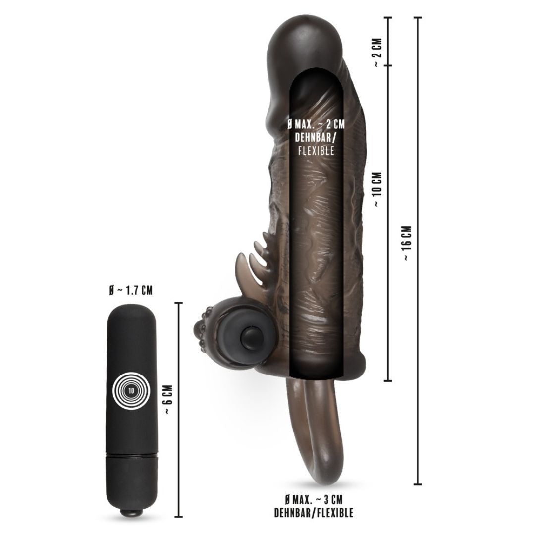 Gaine pénienne avec dimensions. Vibrateur à côté. Indications de taille en cm.