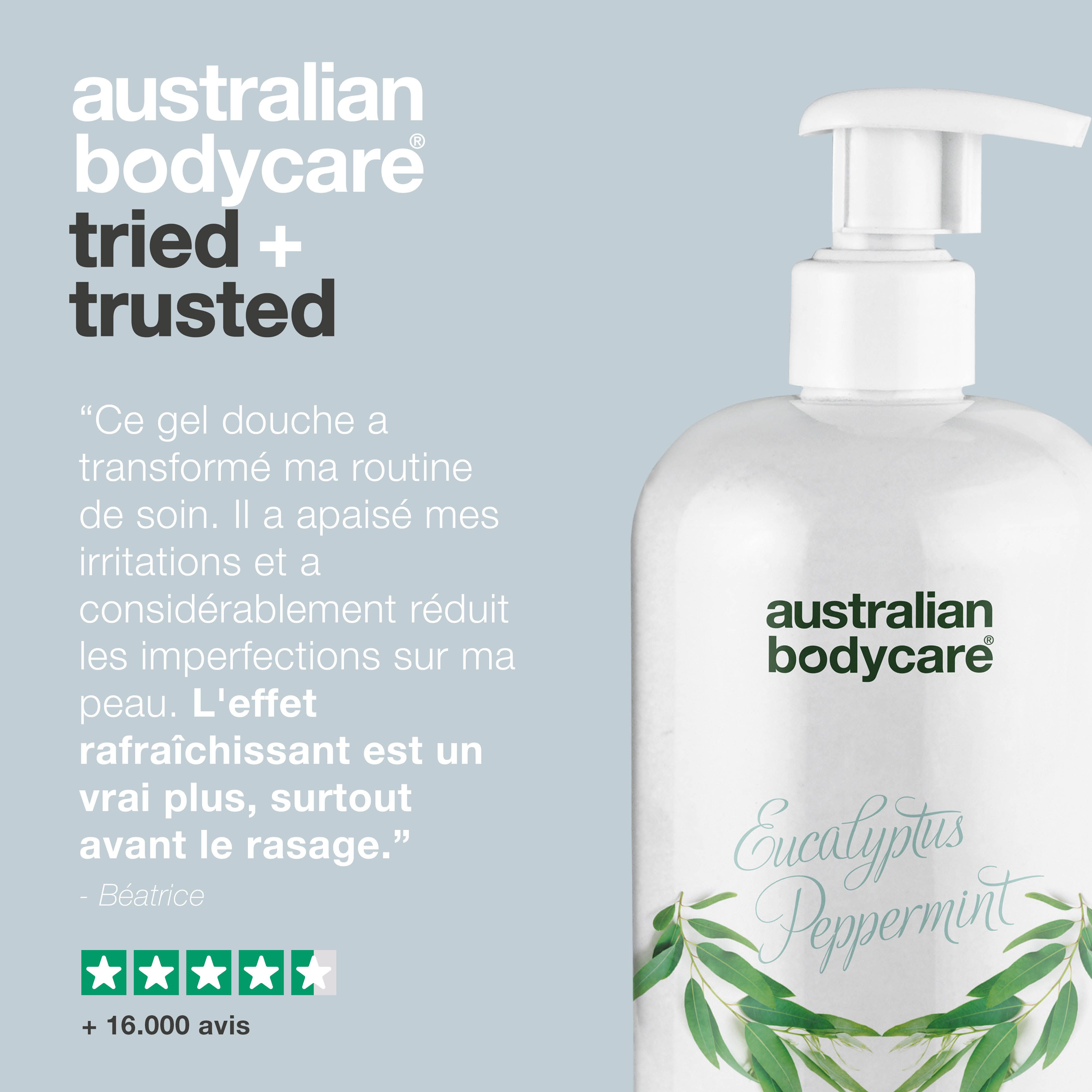 Flacon avec pompe. Texte : Australian Bodycare, témoignage. Évaluation 5 étoiles. +16 000 avis.