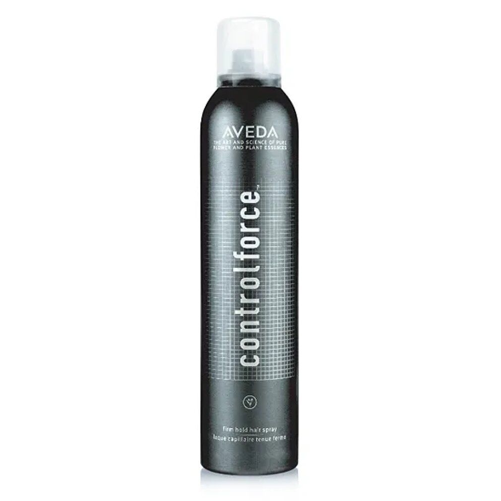 Aveda Control Force laque en canette foncée avec inscription blanche.