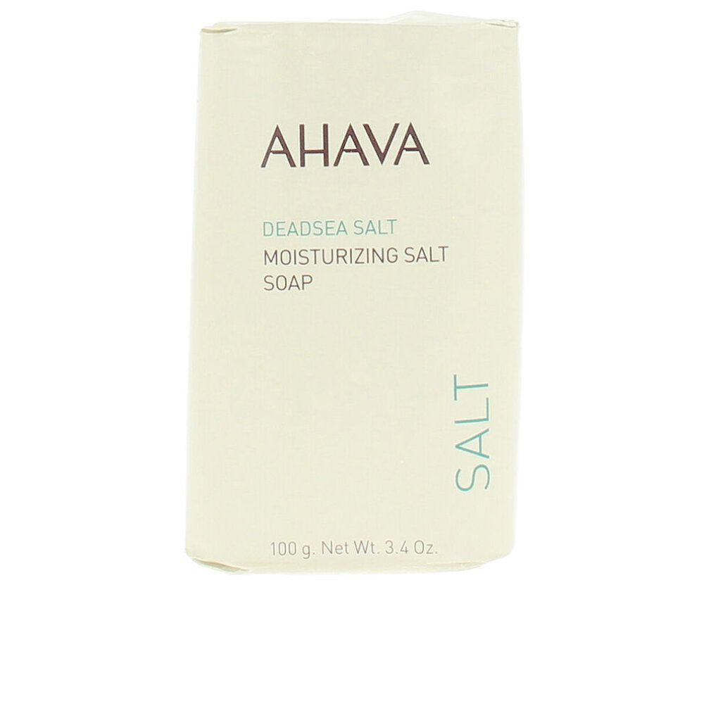 Savon AHAVA DEADSEA SALT. Emballage rectangulaire avec texte vert. Poids net: 100 g.