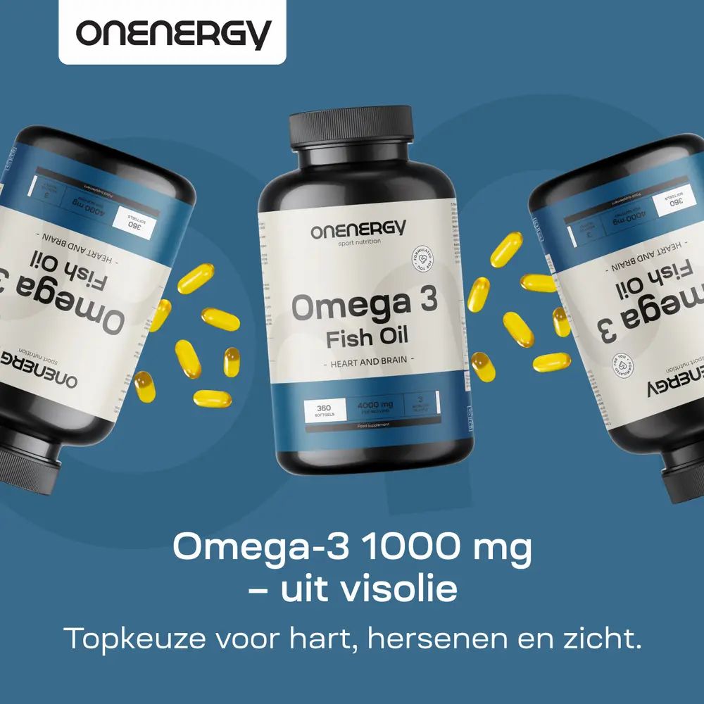 Drie flessen Omega 3. Tekst: Omega-3 1000 mg - uit visolie. 360 softgels. Hart, hersenen, zicht.
