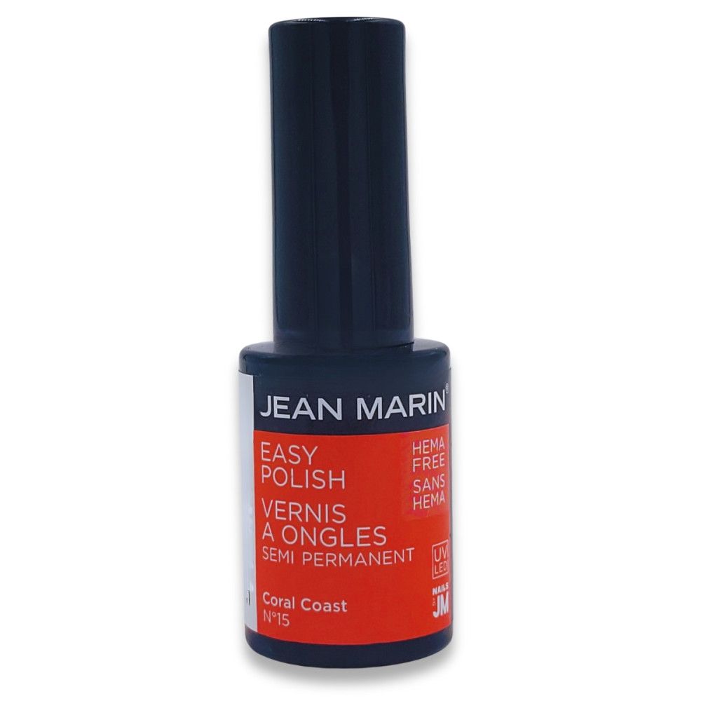 Flacon de vernis à ongles avec bouchon noir. Inscription : JEAN MARIN, EASY POLISH, VERNIS A ONGLES SEMI PERMANENT. Couleur : Coral Coast.