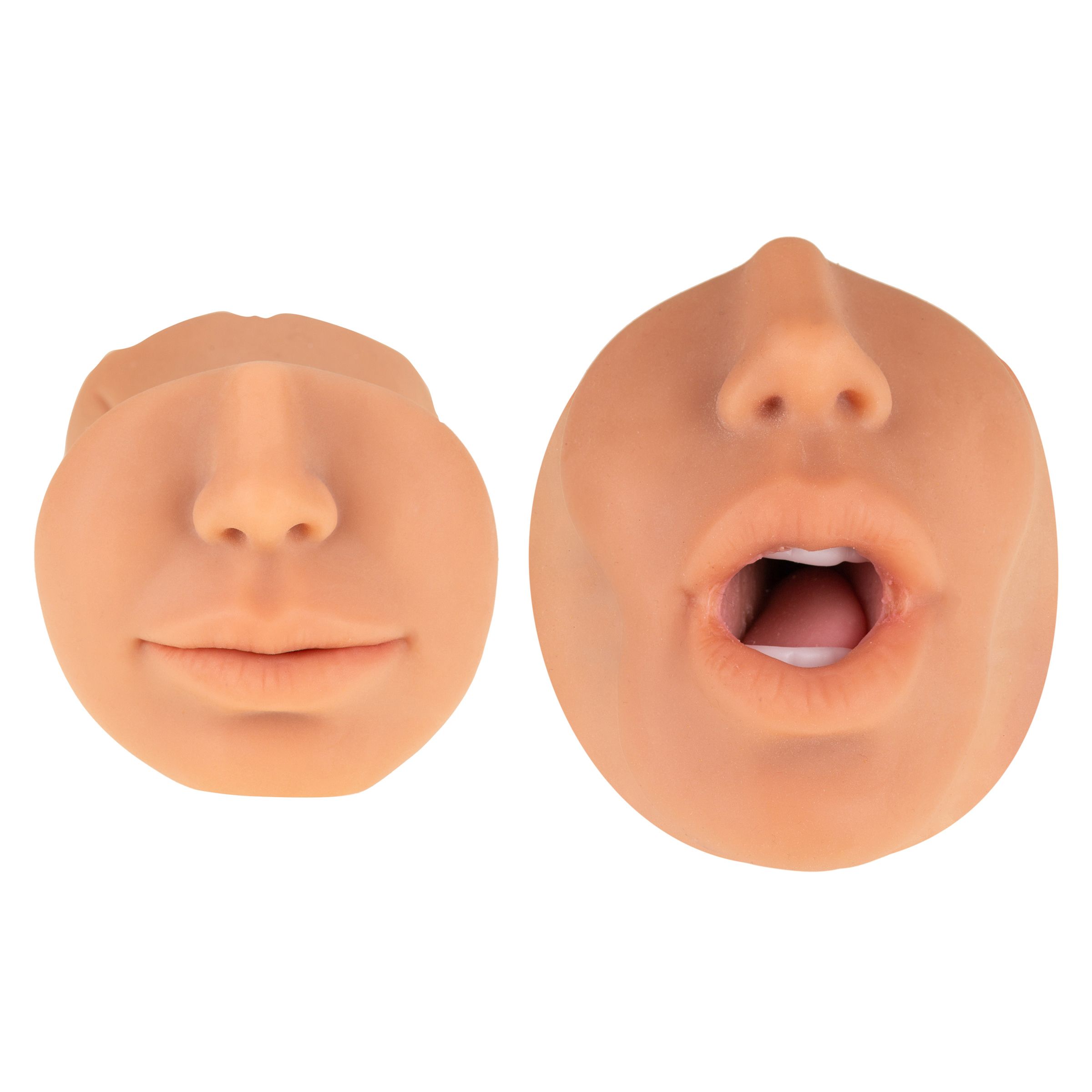 Twee beige, anatomisch gevormde masturbatiehulpmiddelen. Eén met gesloten lippen, één met open mond.