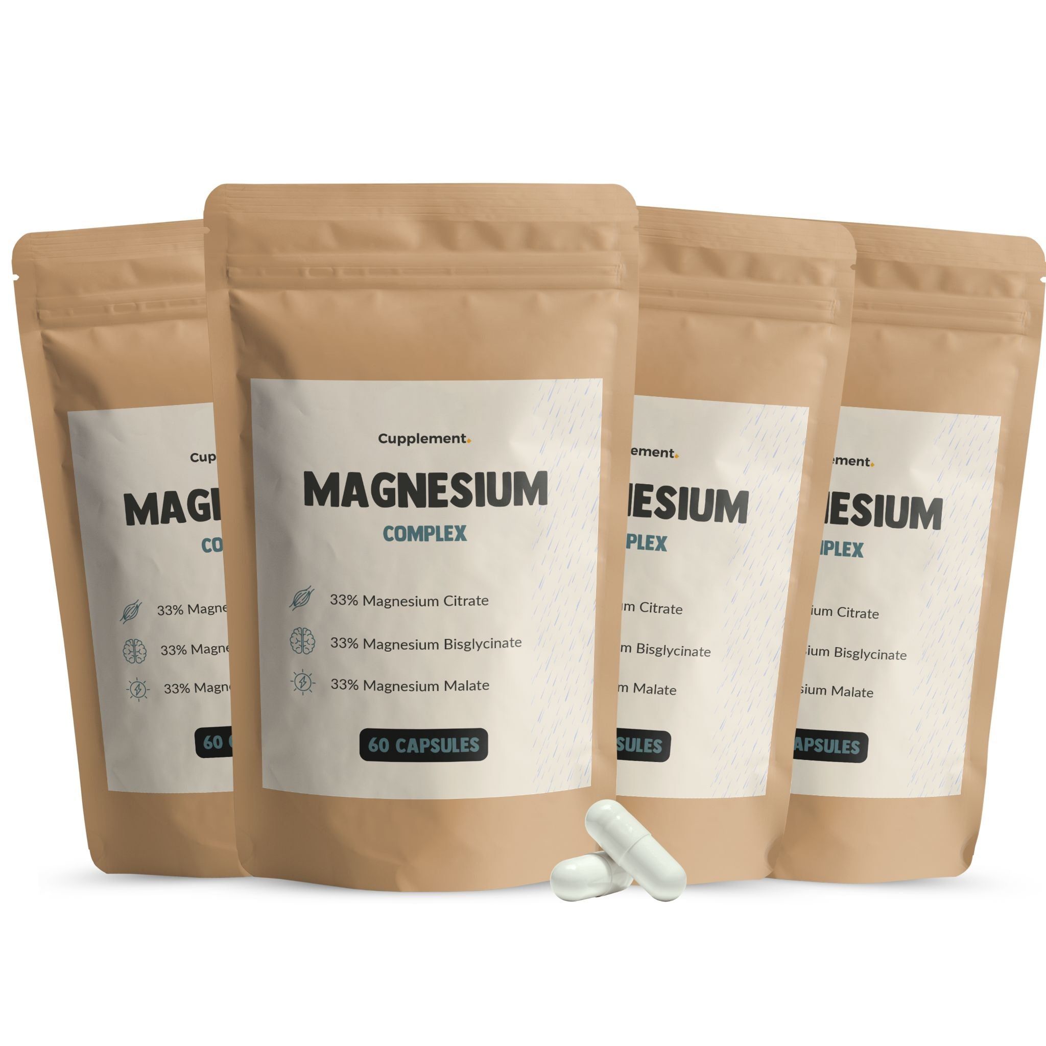 Vier zakjes met capsules. Opschrift: Magnesium Complex. 60 capsules. Ingrediënten: citraat, bisglycinaat, malaat.