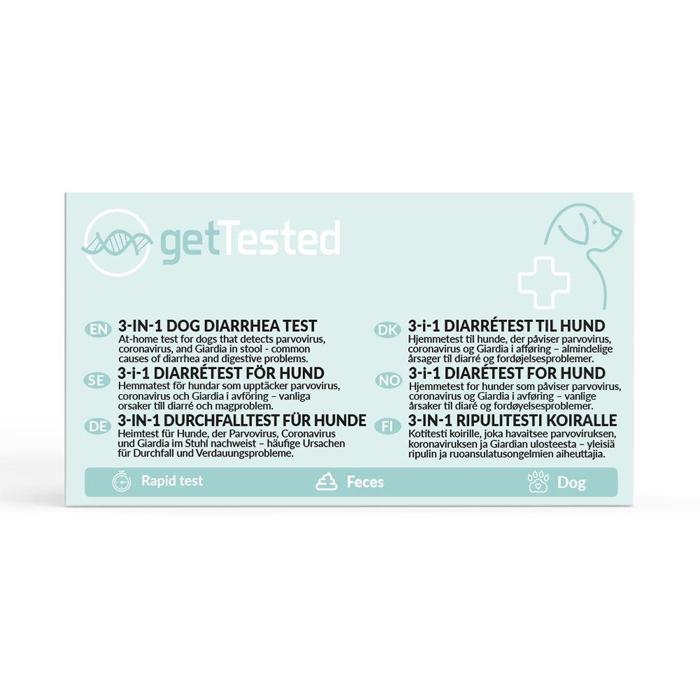 Kartonnen verpakking. Opschrift: getTested, 3-in-1 diarreetest voor honden. Test op parvovirus, coronavirus en Giardia.