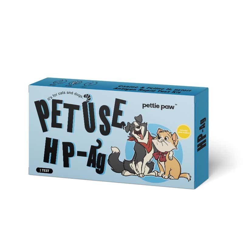 Verpakking van de PETUSE HP-Ag test voor katten en honden met afbeeldingen van een hond en kat.