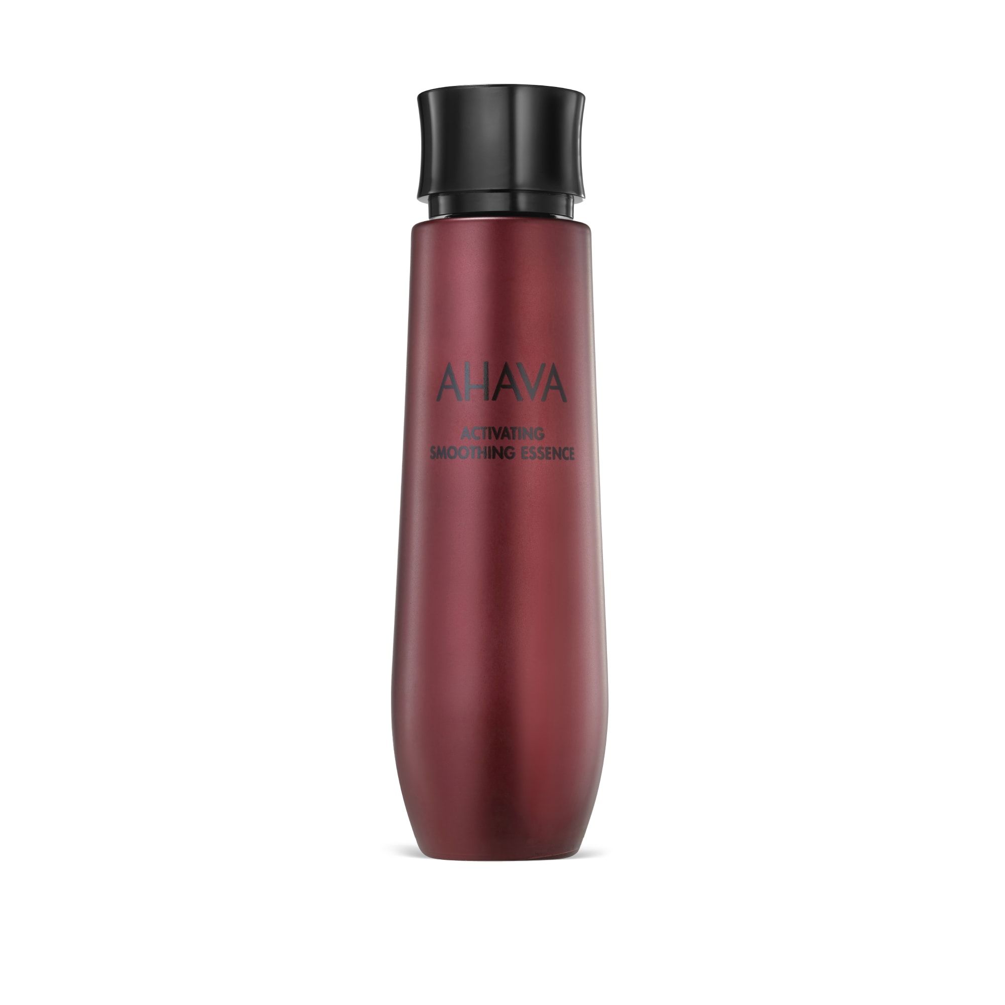 Rode fles met zwarte dop, AHAVA ACTIVATING SMOOTHING ESSENCE opschrift.