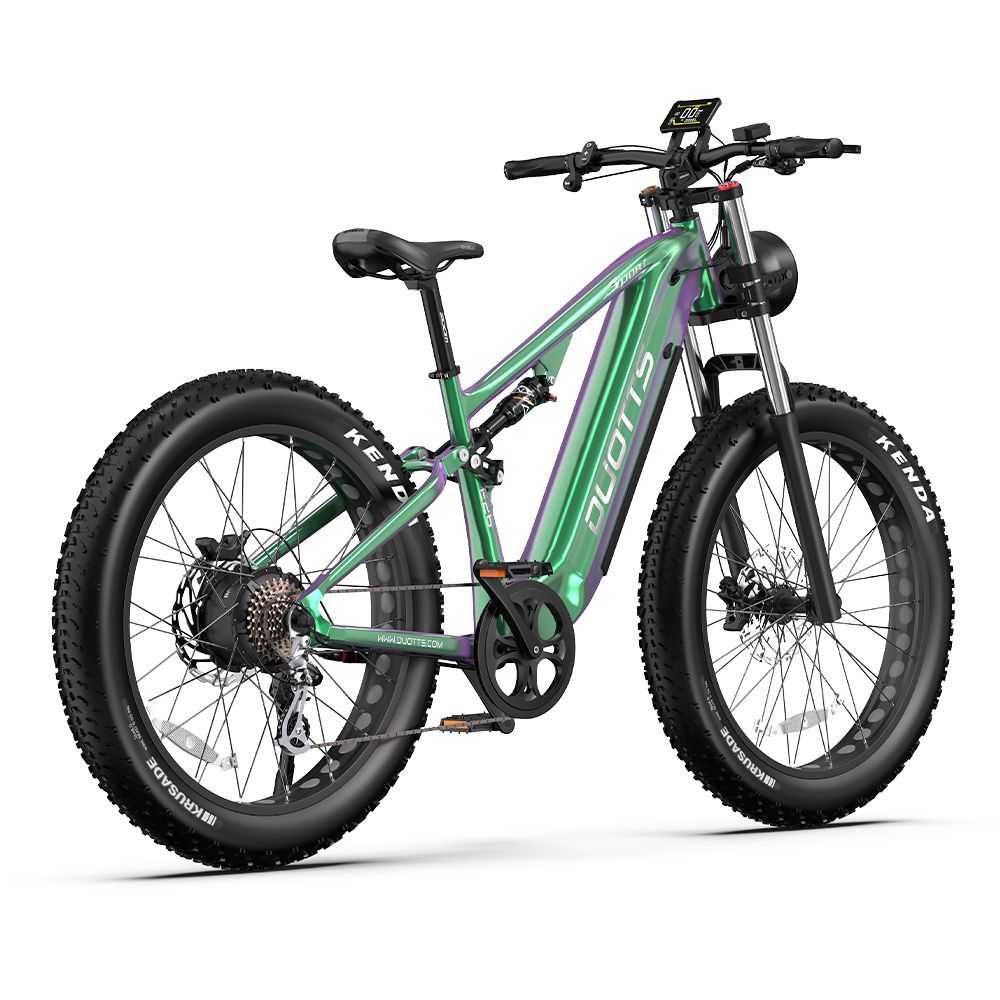 Groene elektrische mountainbike, brede banden, DUOTTS-logo, koplamp en display.