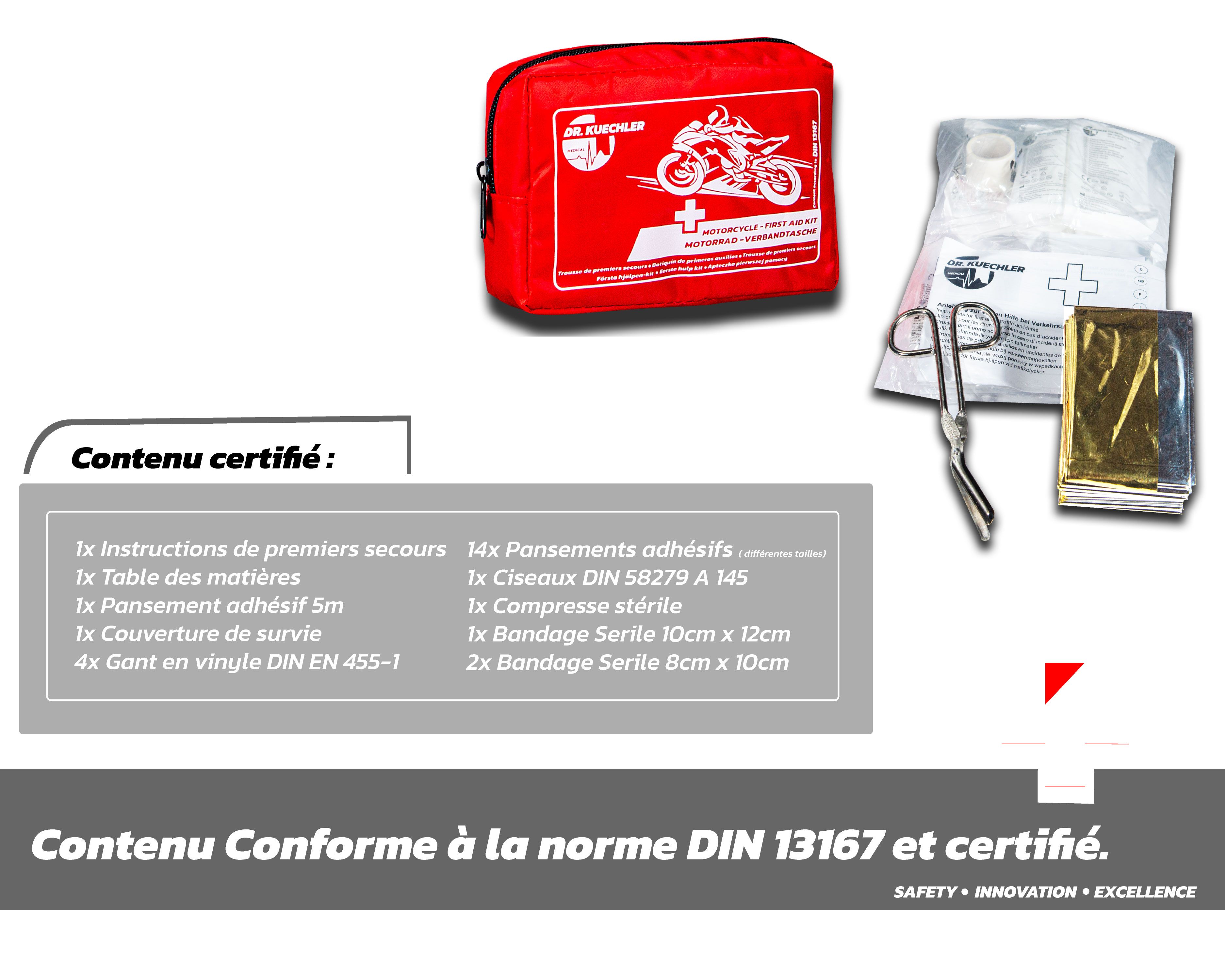 Trousse de secours rouge pour moto avec contenu. Contenu certifié. DIN 13167.