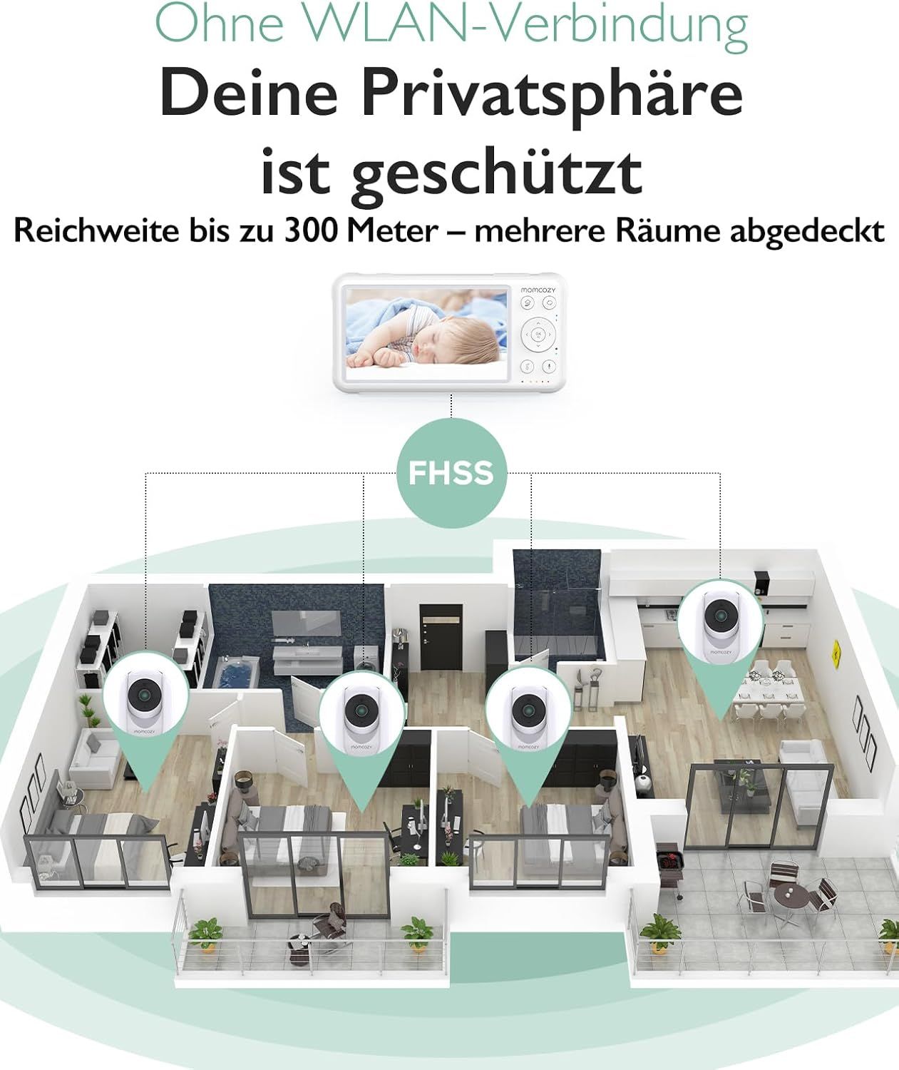 Portée du babyphone dans une maison avec quatre caméras.