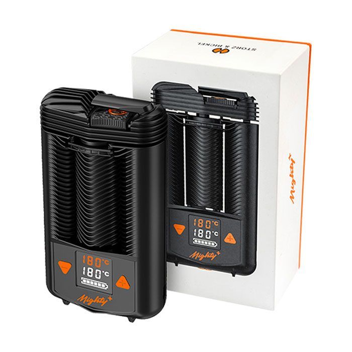MIGHTY+ Vaporizer naast de verpakking, beide met digitale temperatuurweergave.