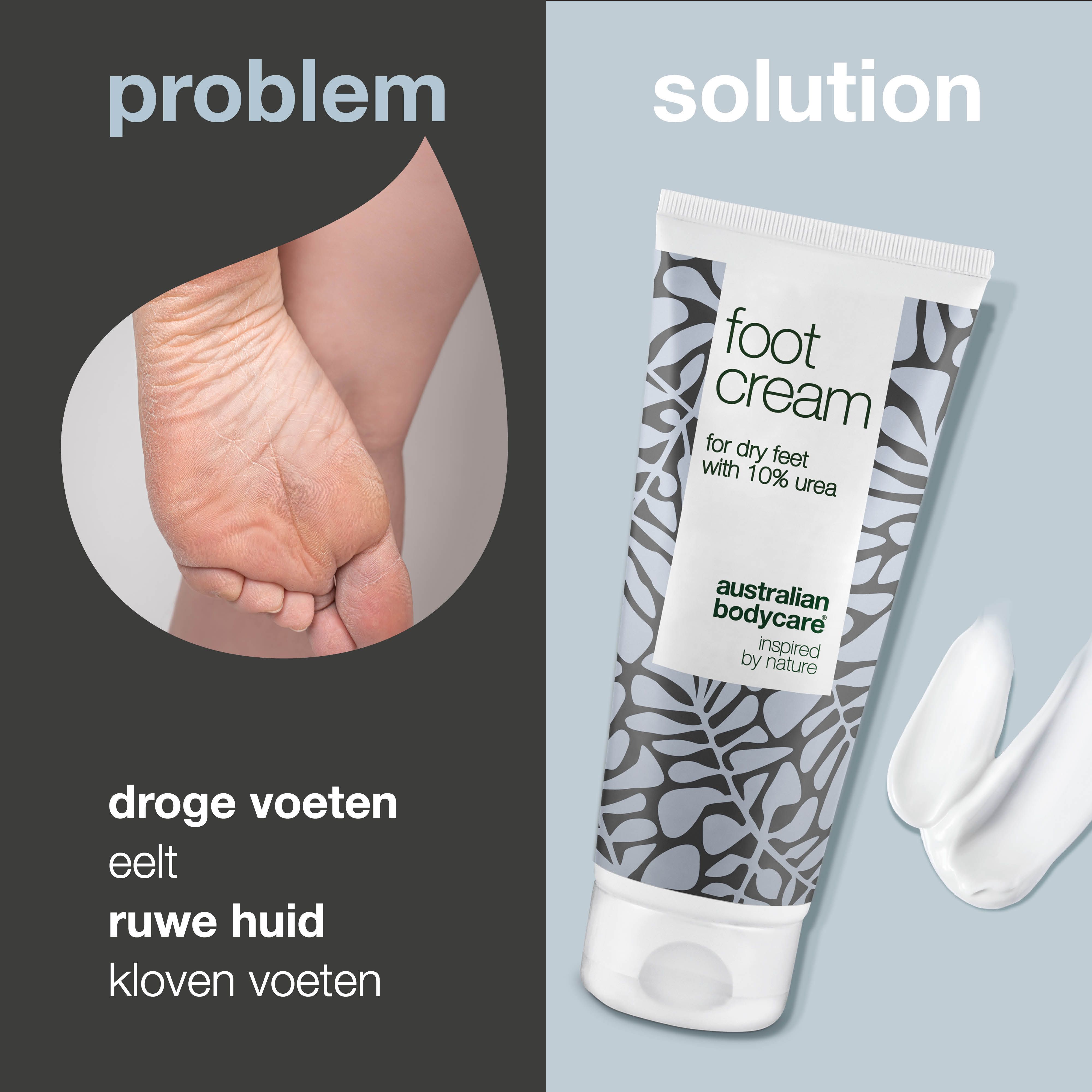 Voetcrèmetube met bloemmotief. Tekst: "foot cream" en "australian bodycare".