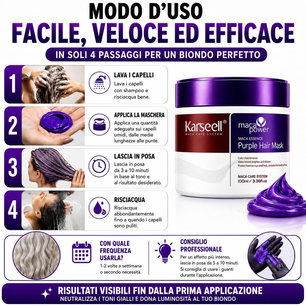 KARSEELL Masque Violet Anti-jaunissement pour Cheveux Blonds et Gris