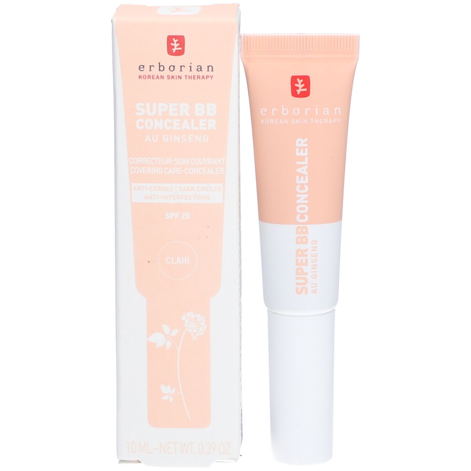 Erborian SUPER BB Concealer en verpakking. Tube en doos met productinfo. Productnaam en merk zichtbaar.