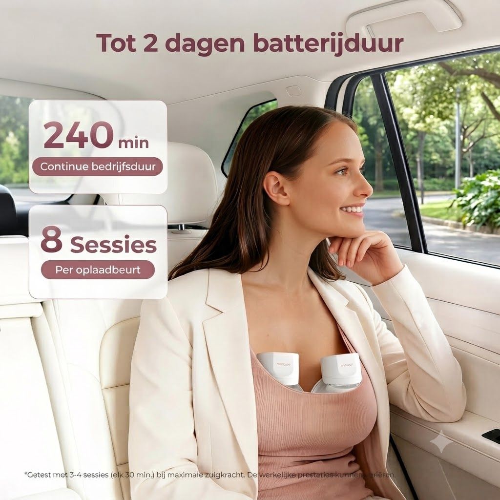 Vrouw in auto met twee draagbare borstkolven onder kleding. Tekst: Tot 2 dagen batterijduur, 240 min continu gebruik, 8 sessies per oplaadbeurt.