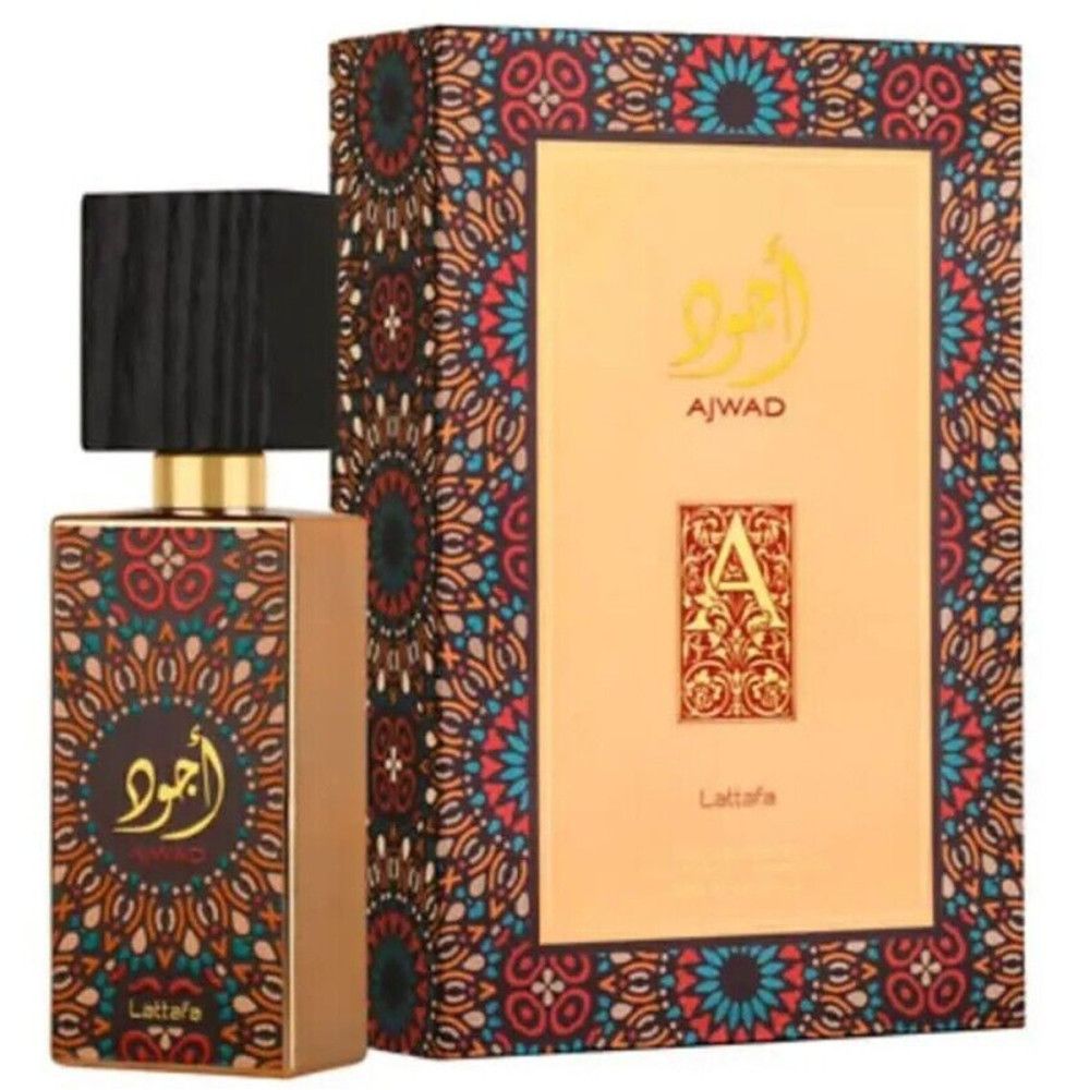 Lattafa Ajwad Eau de Parfum fles en verpakking met oosters patroon.