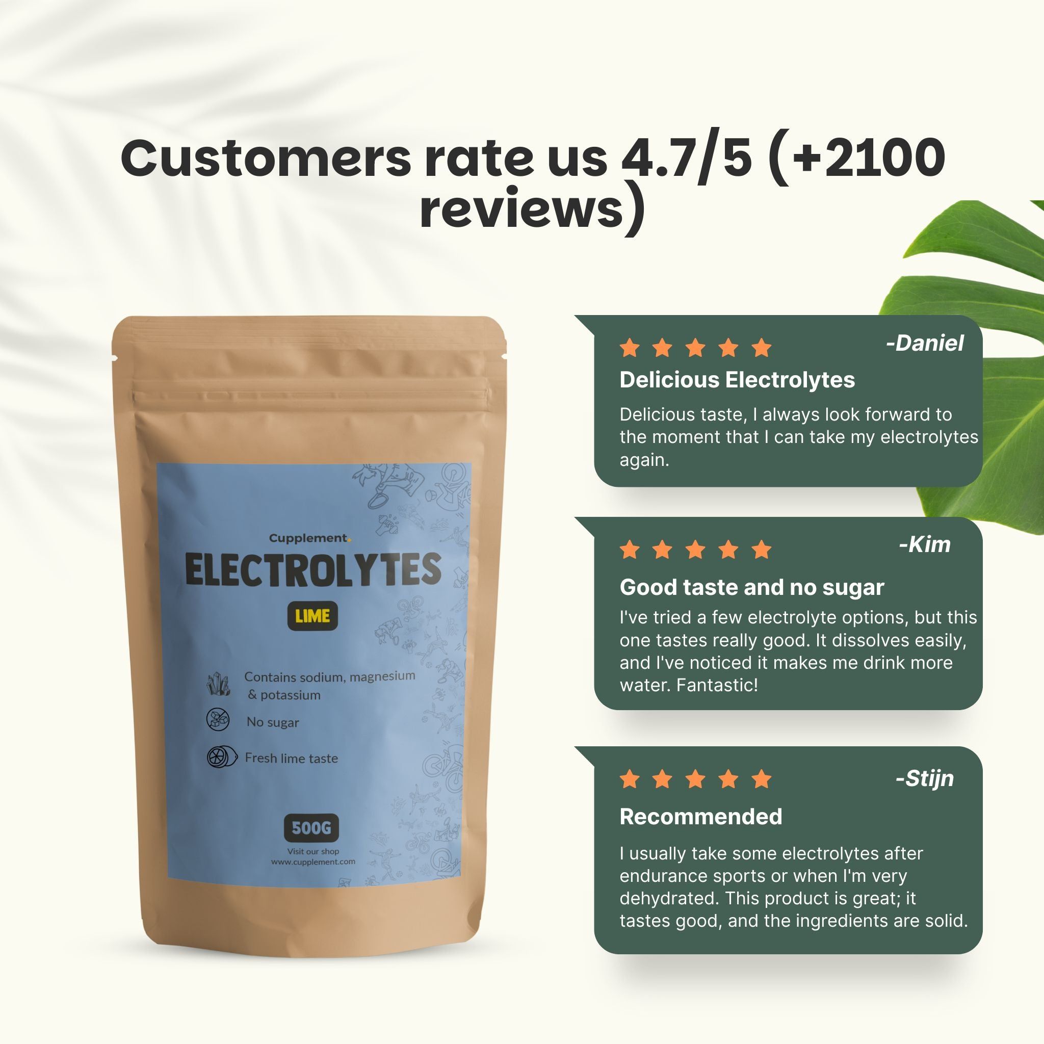 Sachet d'électrolytes. Inscription : Cupplement, Electrolytes, Lime. Contient du sodium, du magnésium et du potassium. 500g. Évaluation client 4.7/5. Citations de clients.