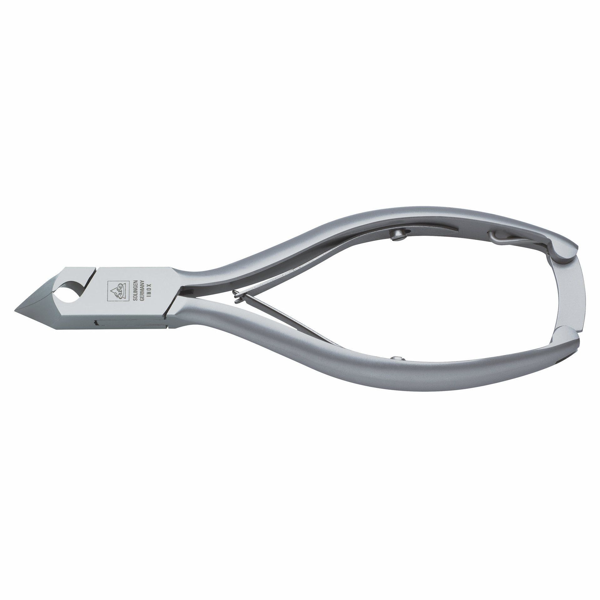 Pince à ongles en acier inoxydable. Argentée, forme ergonomique. Avec logo et marquage.