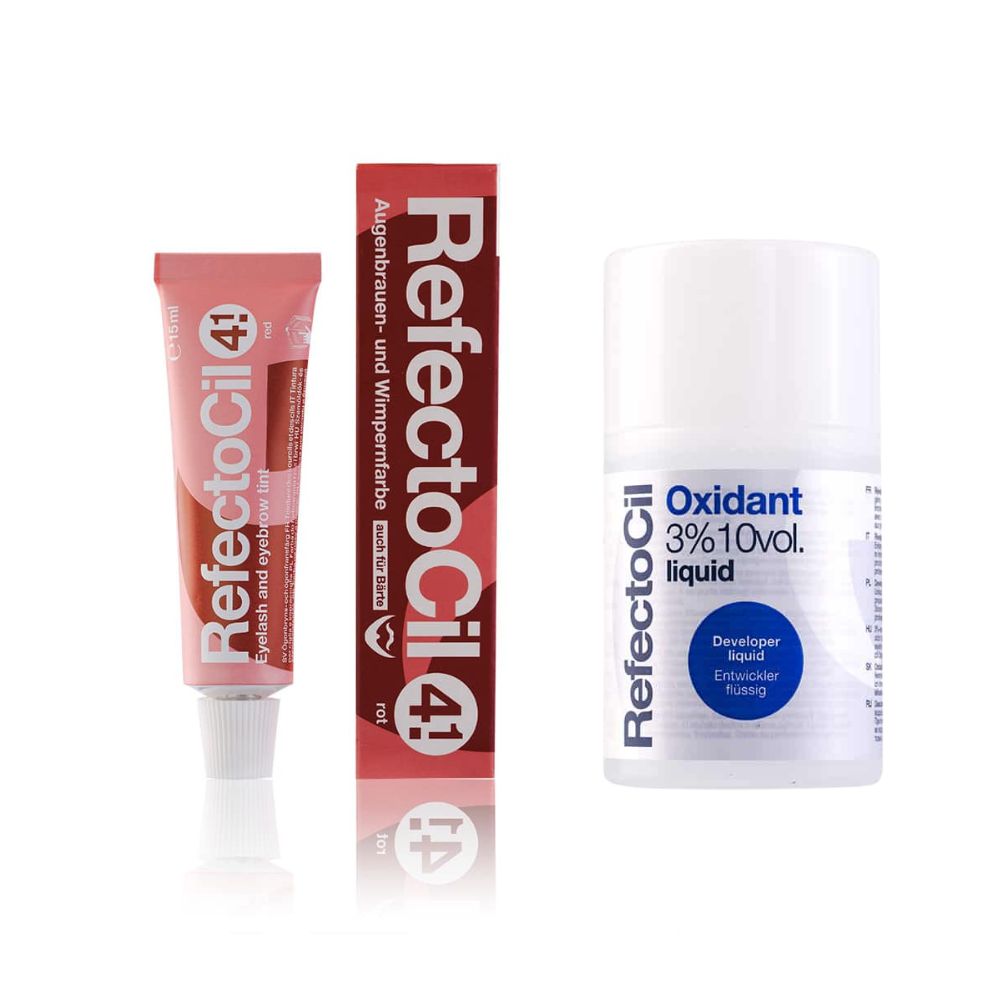Set wimperverf en oxidant. Tube en doos met opschrift RefectoCil 4.1 rood. Fles met oxidant 3% 10vol.