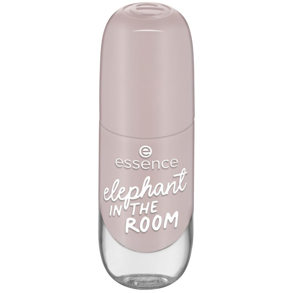Flacon de vernis à ongles fermé. Vernis rose clair. Inscription "elephant IN THE ROOM" et "essence".