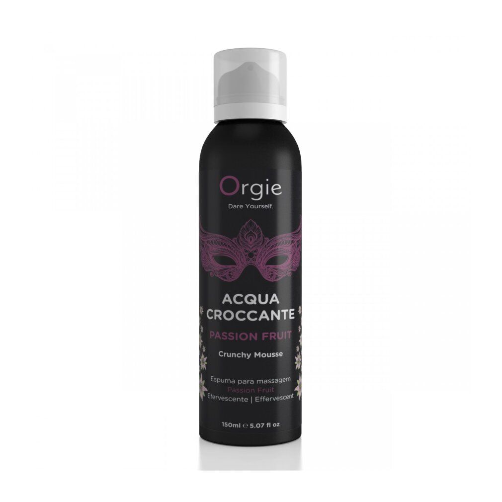 Orgie Acqua Croccante Knisperende Mousse Passievrucht 150 ml, zwarte bus met masker design.