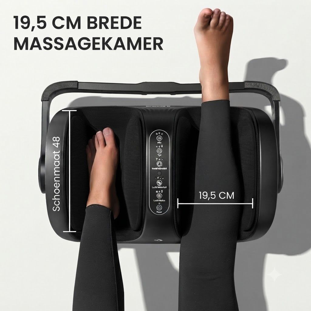 Zwarte voetmassager met bedieningselementen en schoenmaatindicatie (48). Breedte 19,5 cm.