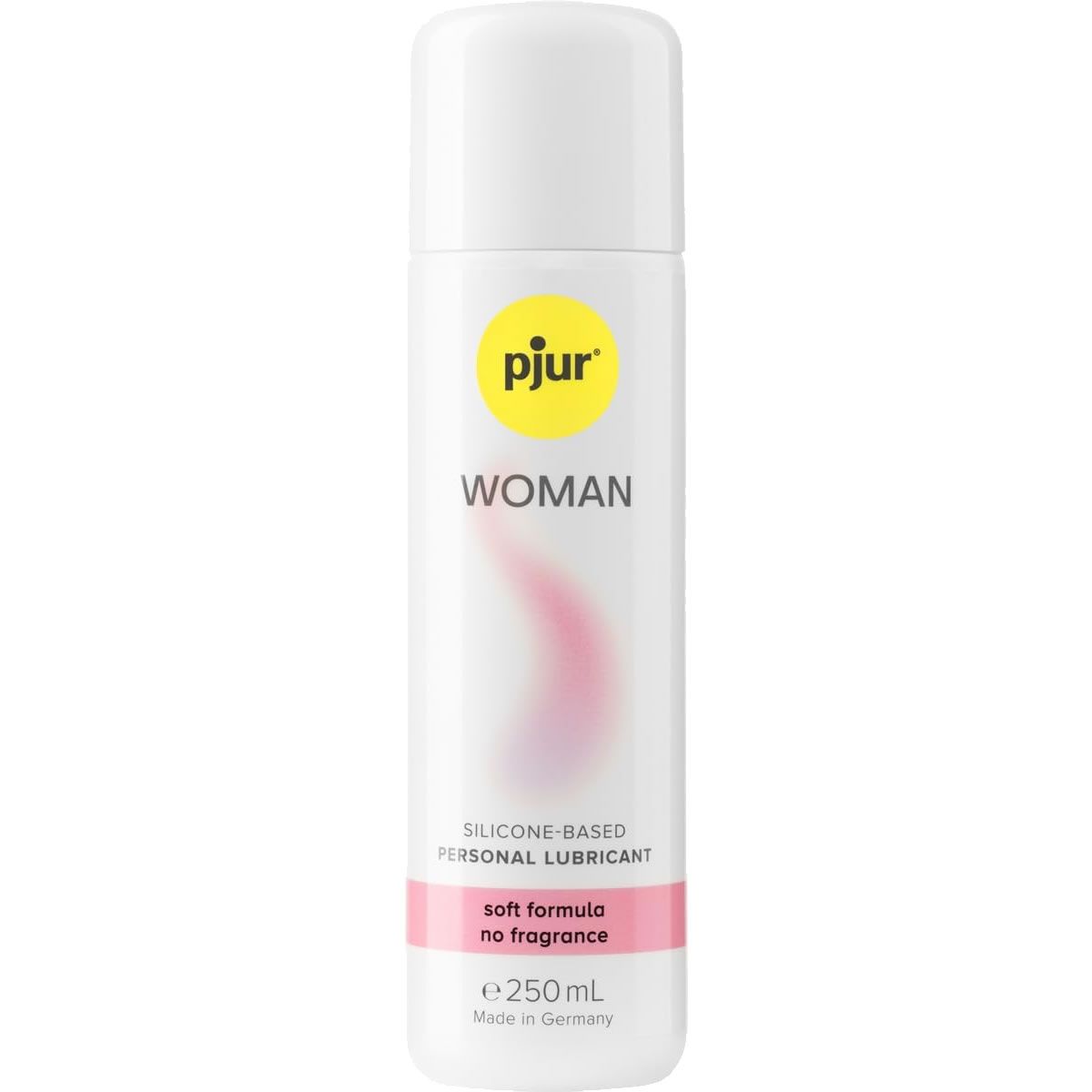 Witte fles met geel etiket. Opschrift: pjur WOMAN, SILICONE-BASED PERSONAL LUBRICANT, soft formula no fragrance, e 250 mL. Gemaakt in Duitsland.
