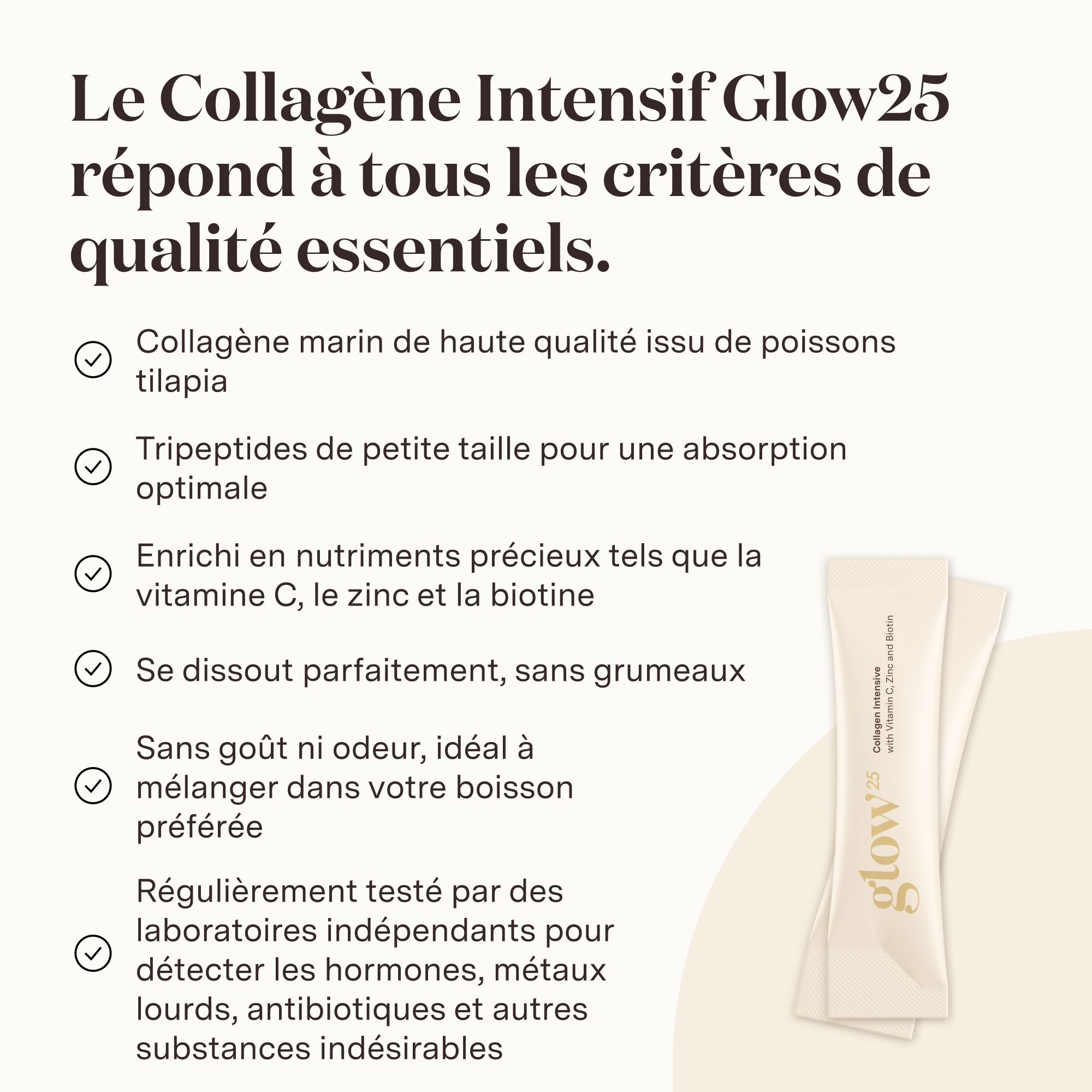 Texte avec avantages produit et deux sticks. Collagène marin, tripeptides, vitamines, sans goût.