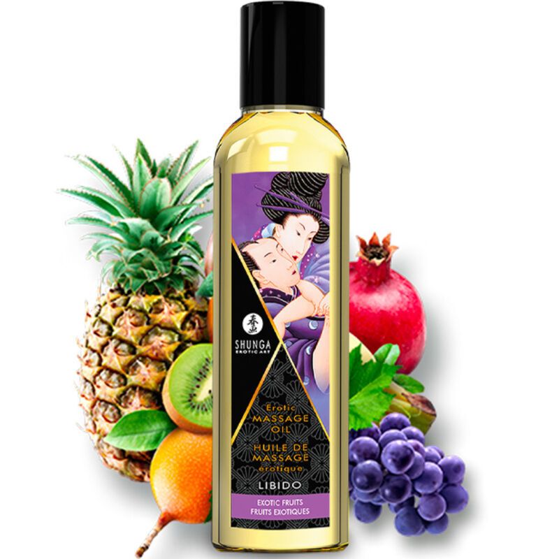 Shunga massageolie Libido, Exotic Fruits, fles met fruit.