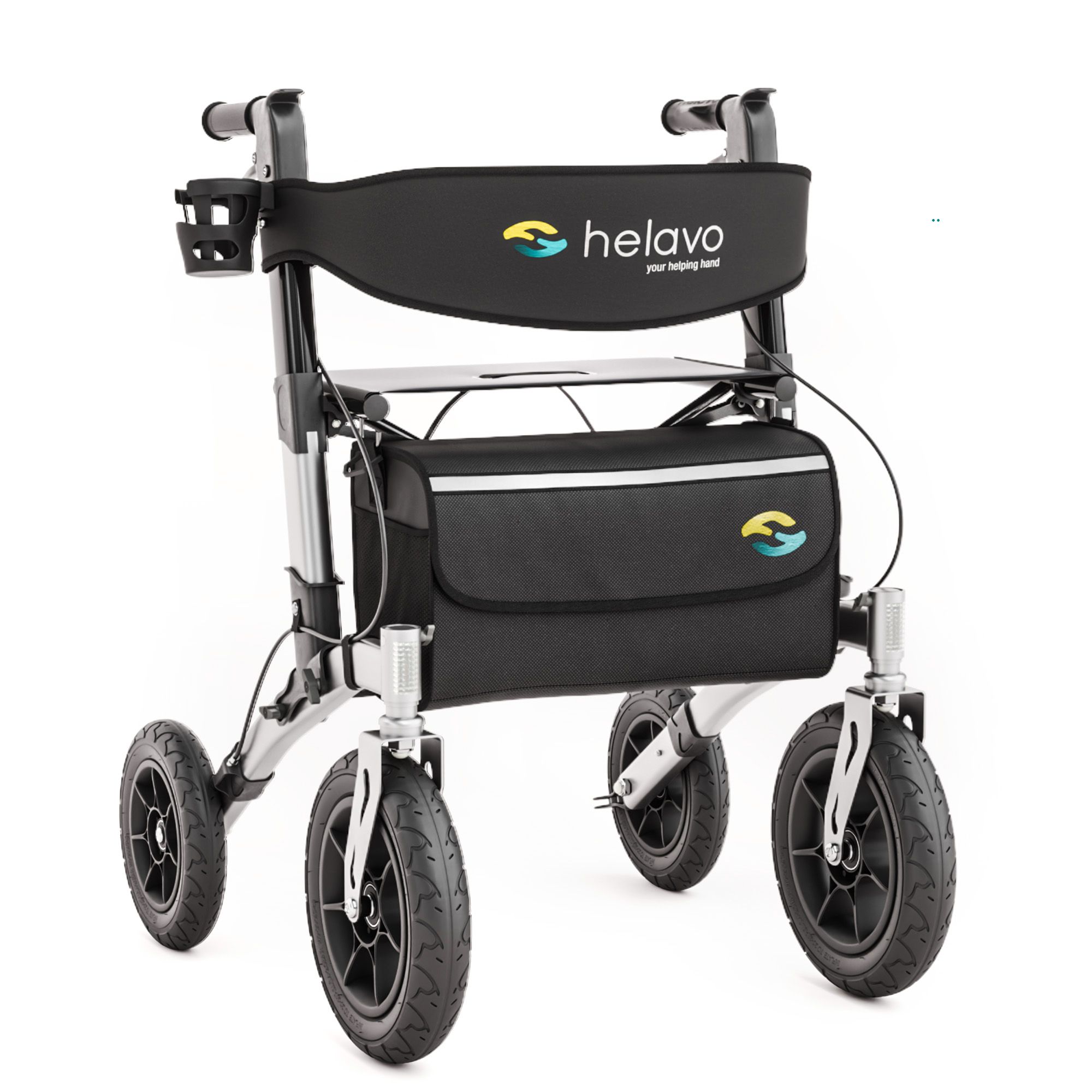 Rollator Helavo avec siège, sac et porte-gobelet. Pneus noirs increvables.