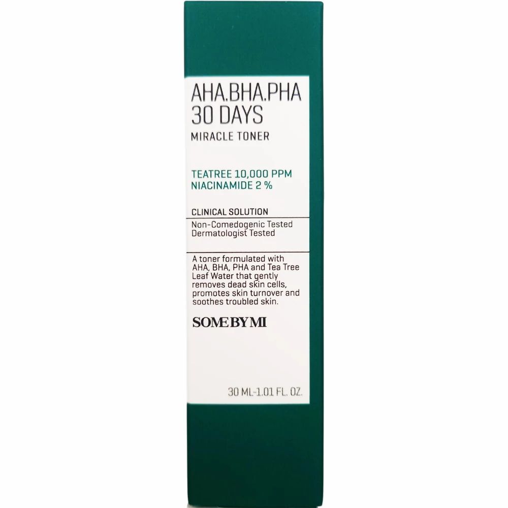 Groene verpakking met witte tekst. Tekst: AHA.BHA.PHA 30 DAYS MIRACLE TONER. Tekst over ingrediënten.