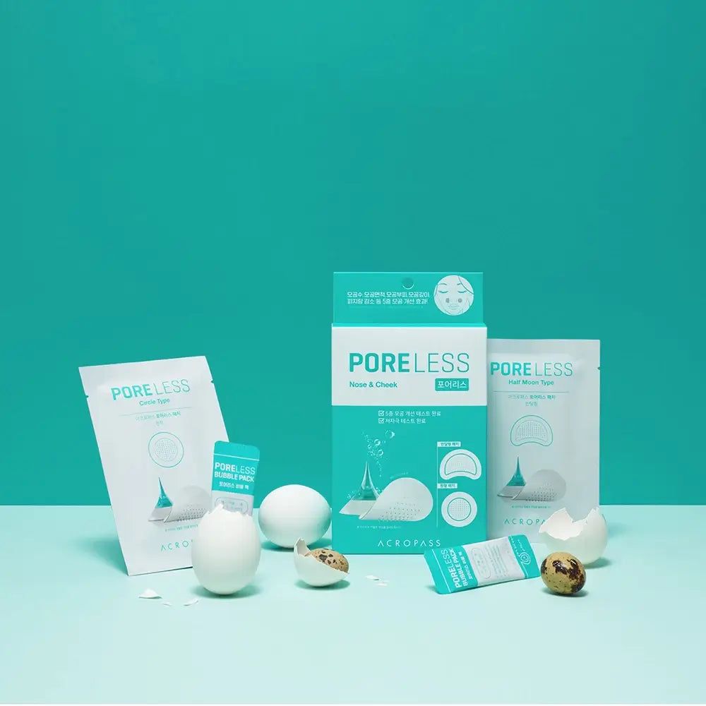 Plusieurs paquets ACROPASS Poreless, œufs et œufs de caille. Emballages avec nom et logo du produit. Fond turquoise.
