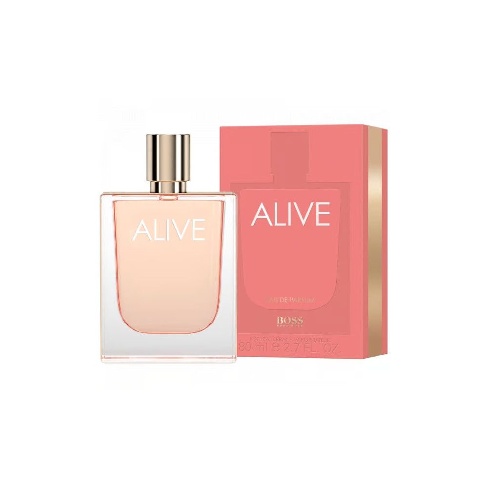 Parfumfles en verpakking. Fles met opschrift "ALIVE". Roze verpakking met "ALIVE" en "BOSS".