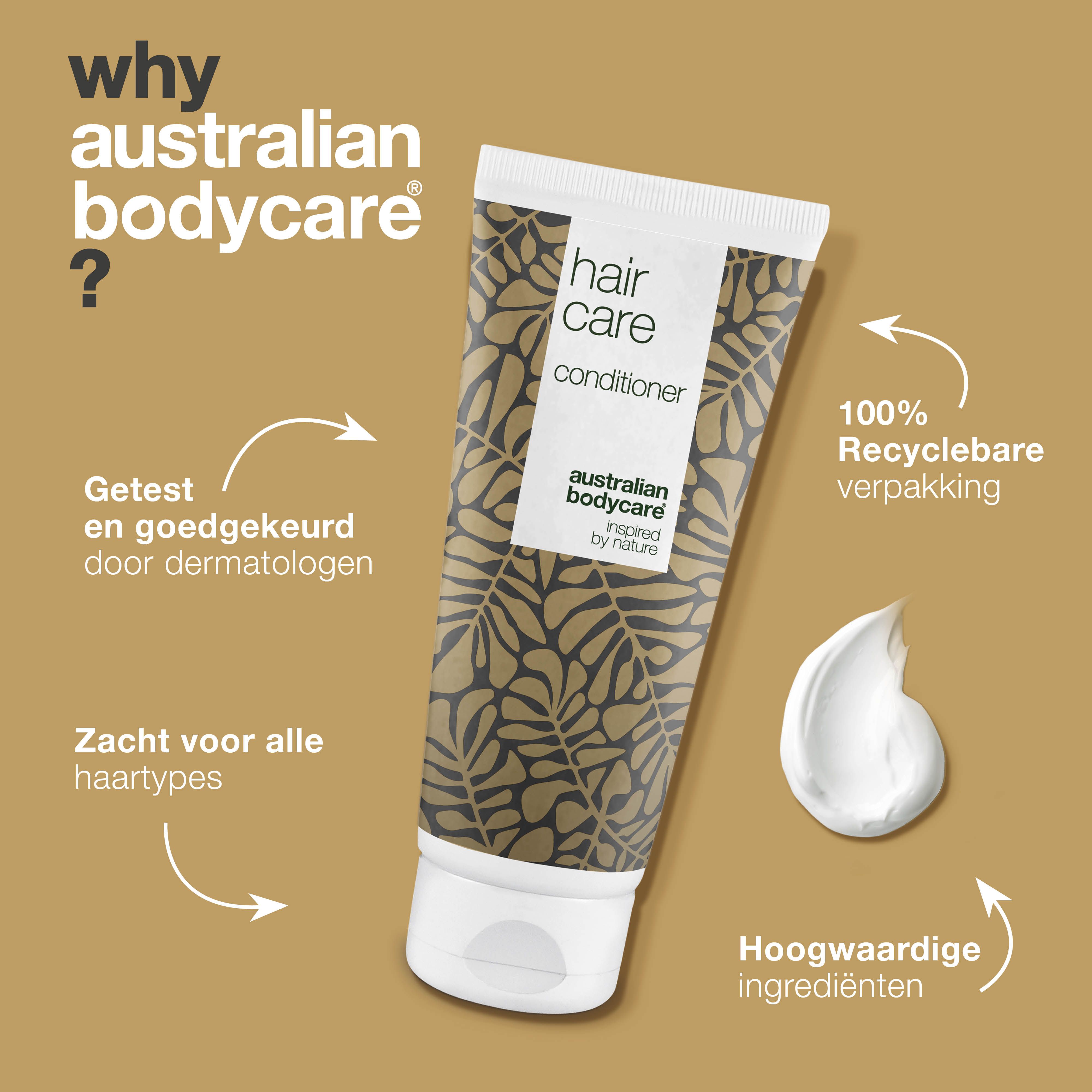 Productconcept. Tube haarconditioner. Opschrift: Hair Care, Conditioner, Australian Bodycare. Tekst: 100% recyclebare verpakking.