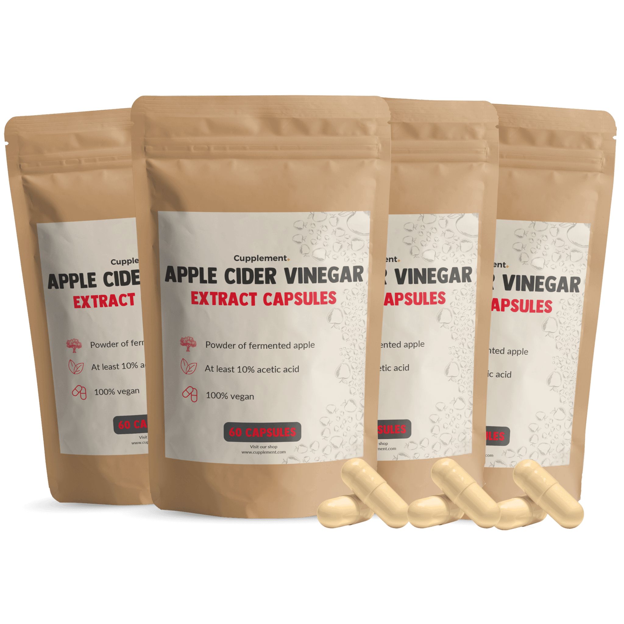 Multipack Cupplement® appelciderazijn capsules. Vier zakjes met capsules en losse capsules.