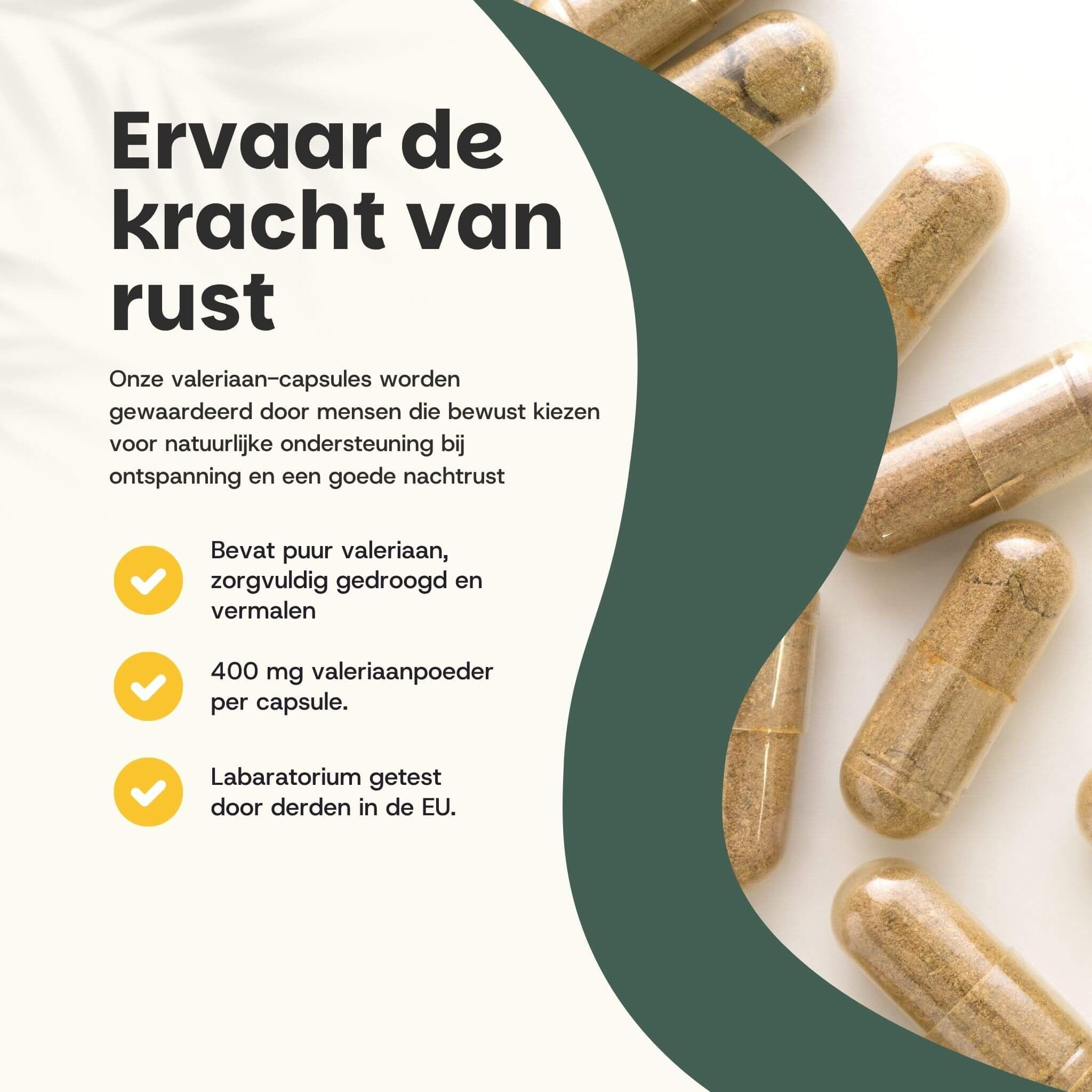 Close-up van capsules. Tekst: Bevat pure valeriaan, 400 mg valeriaanpoeder per capsule, laboratorium getest in de EU.