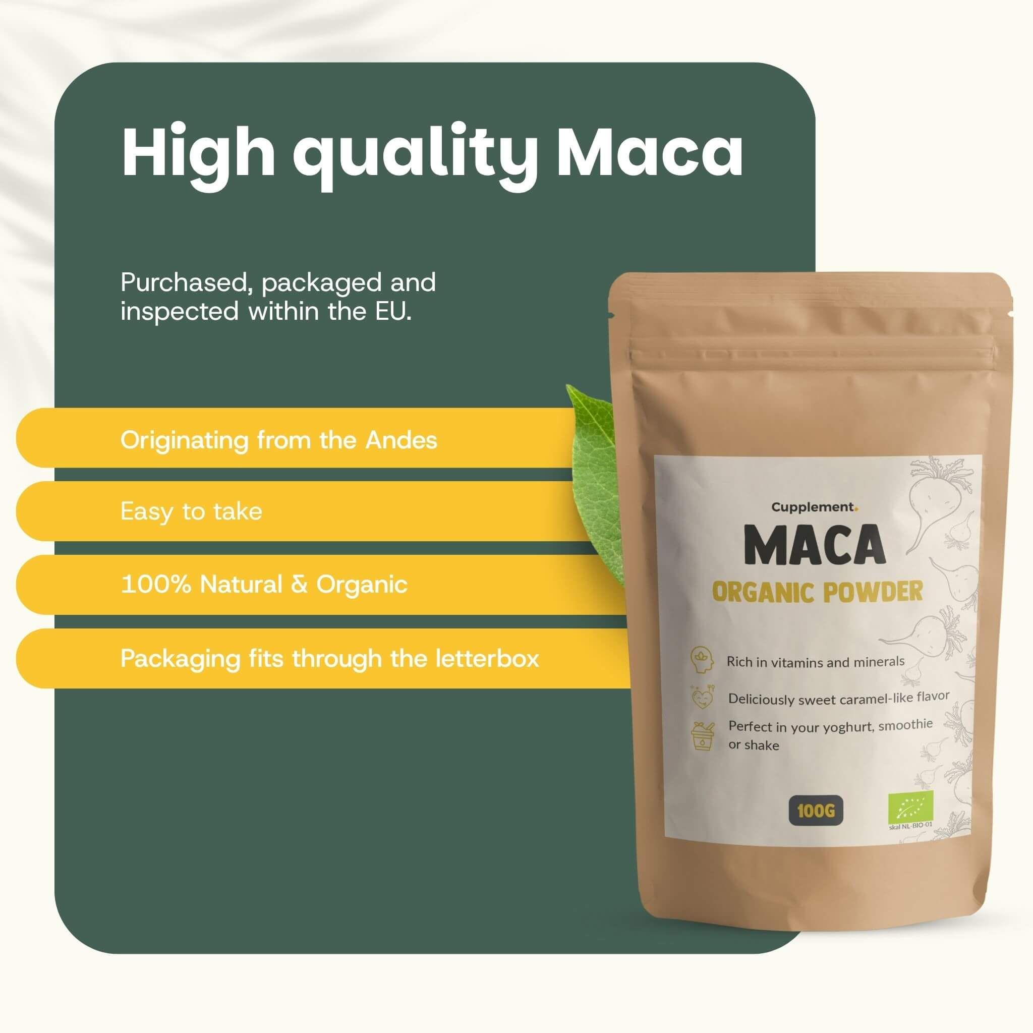 Sachet de poudre de Maca. Texte: High quality Maca. Des Andes. 100% naturel et bio.