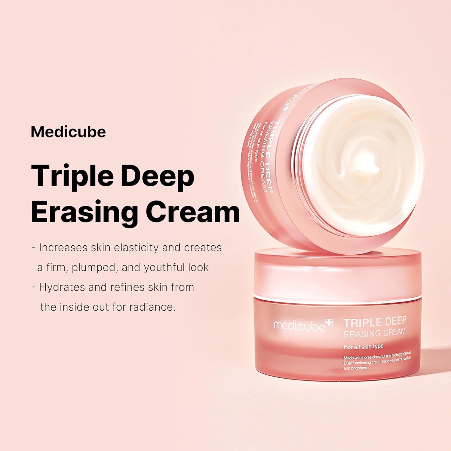 Deux pots de crème roses, un ouvert. Inscription: Triple Deep Erasing Cream. Marque: Medicube. Texte: For all skin type.