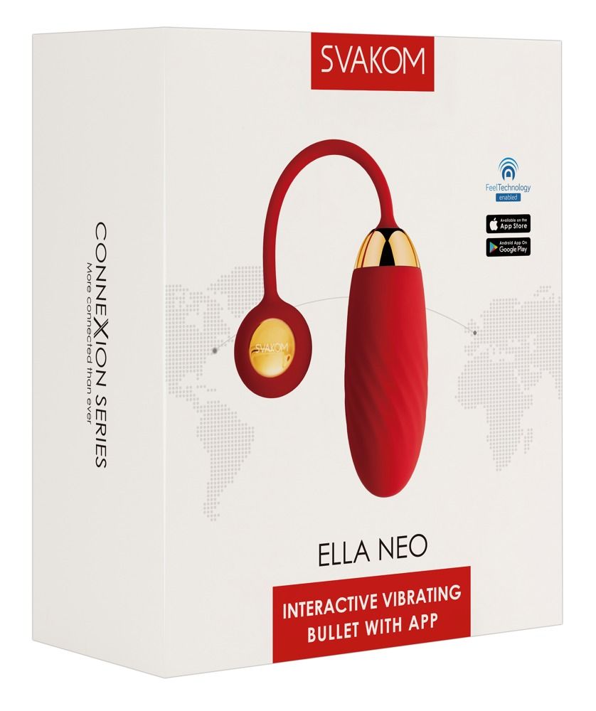 Emballage SVAKOM Ella Neo avec design de carte du monde et image du produit.