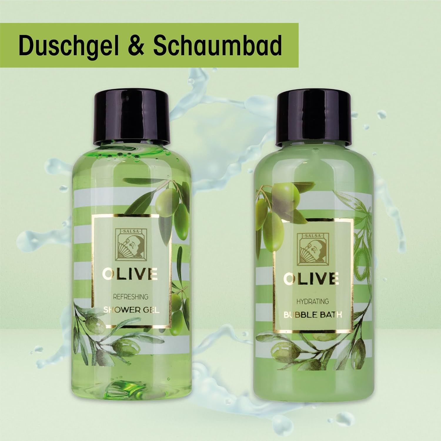 Deux bouteilles : gel douche et bain moussant. Rayures vertes, motif d'olives. Bouchons noirs. Inscription : OLIVE.