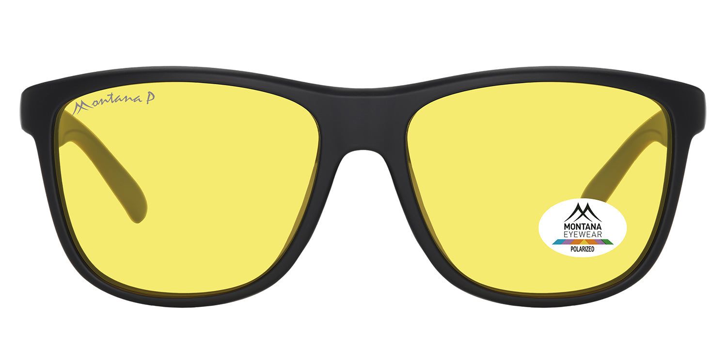 Zwarte zonnebril met gele glazen. Montana Eyewear logo en polarisatie sticker. Rechthoekige vorm.