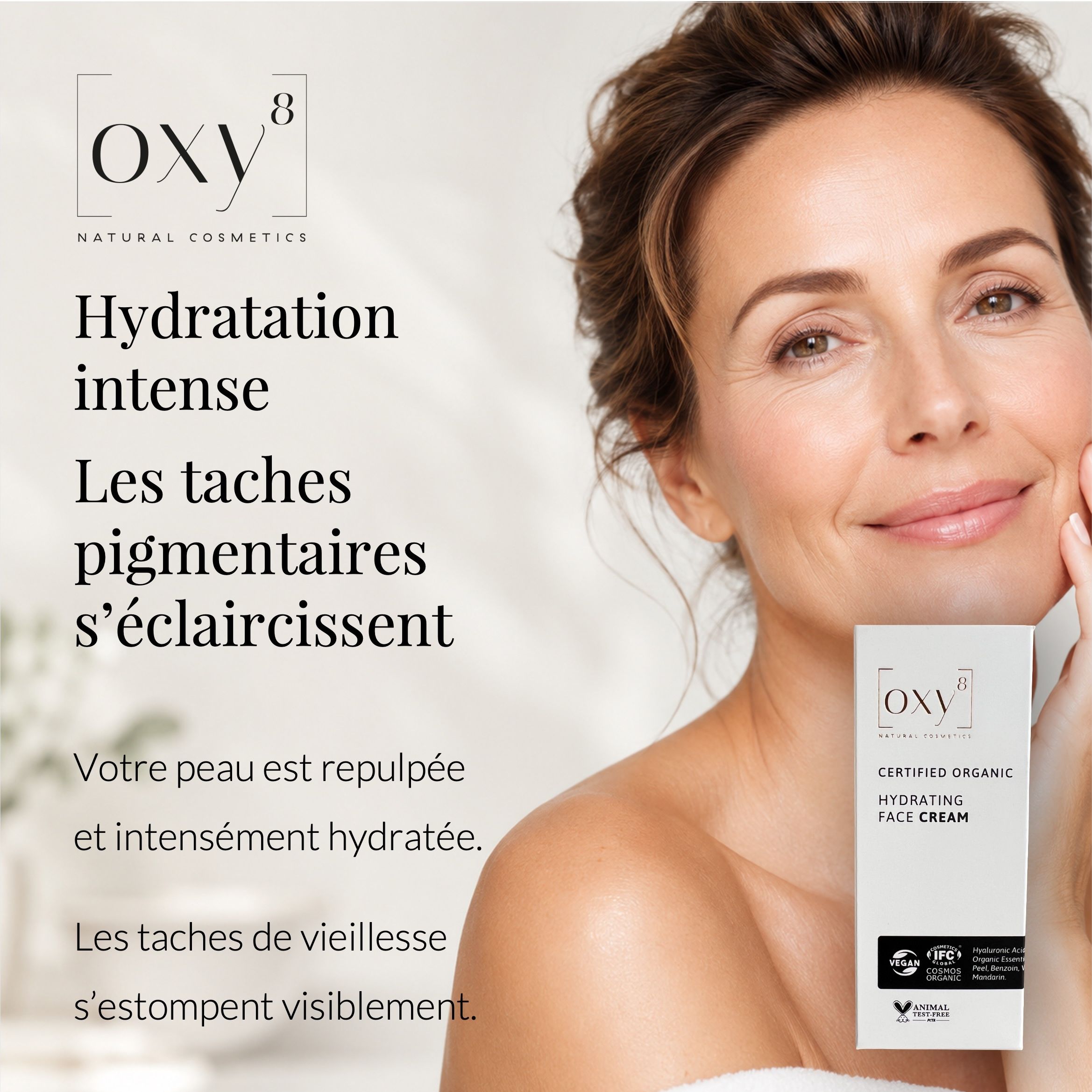Femme ridée : OXY8 Naturkosmetik, hydratation intense, taches pigmentaires.