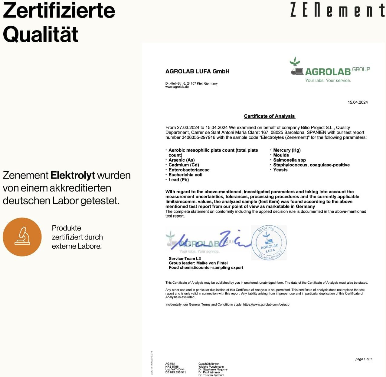 Certificatiedocument van AGROLAB LUFA GmbH. Tekst: Zenement Elektrolyt getest door een geaccrediteerd Duits laboratorium.