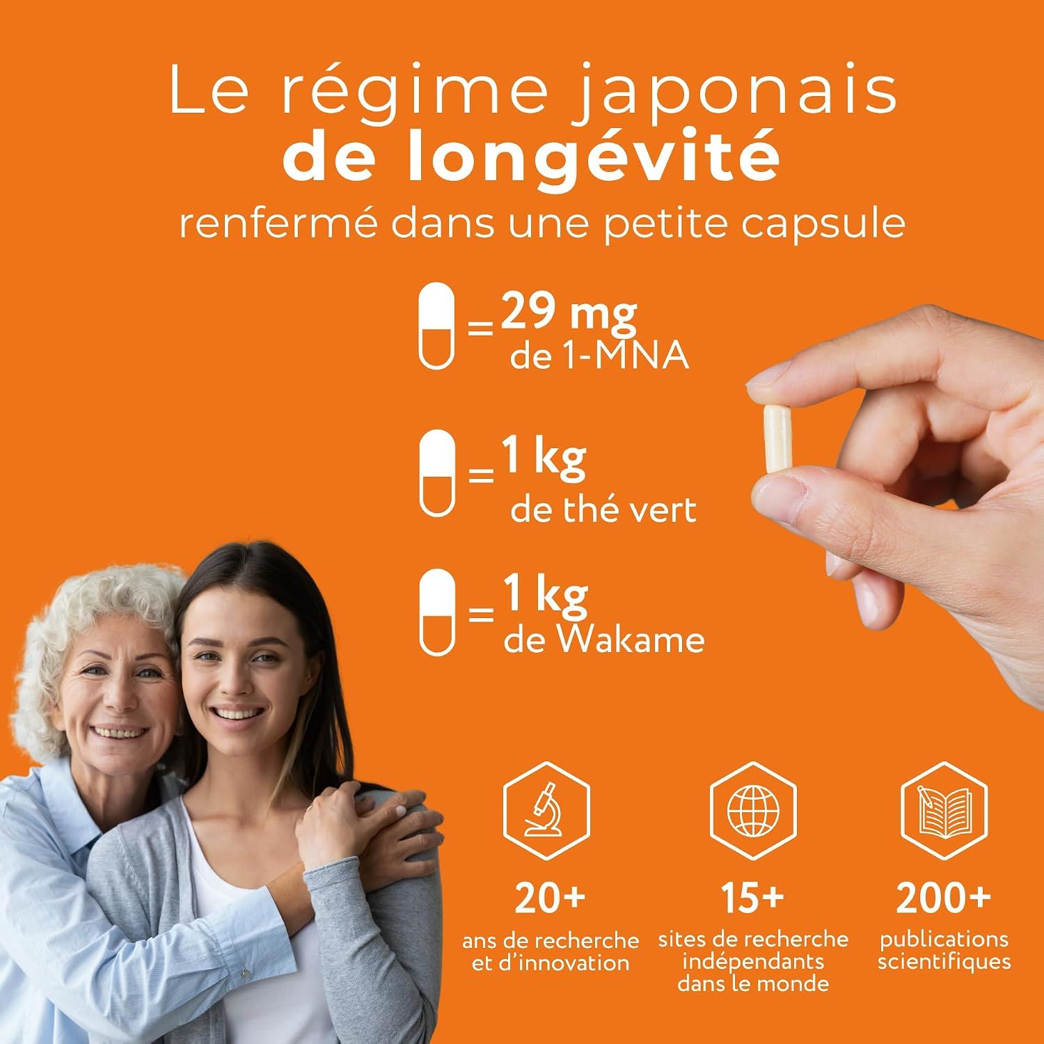 Une capsule contient 29 mg de 1-MNA, 1 kg de thé vert et 1 kg de Wakame. Deux femmes sourient.